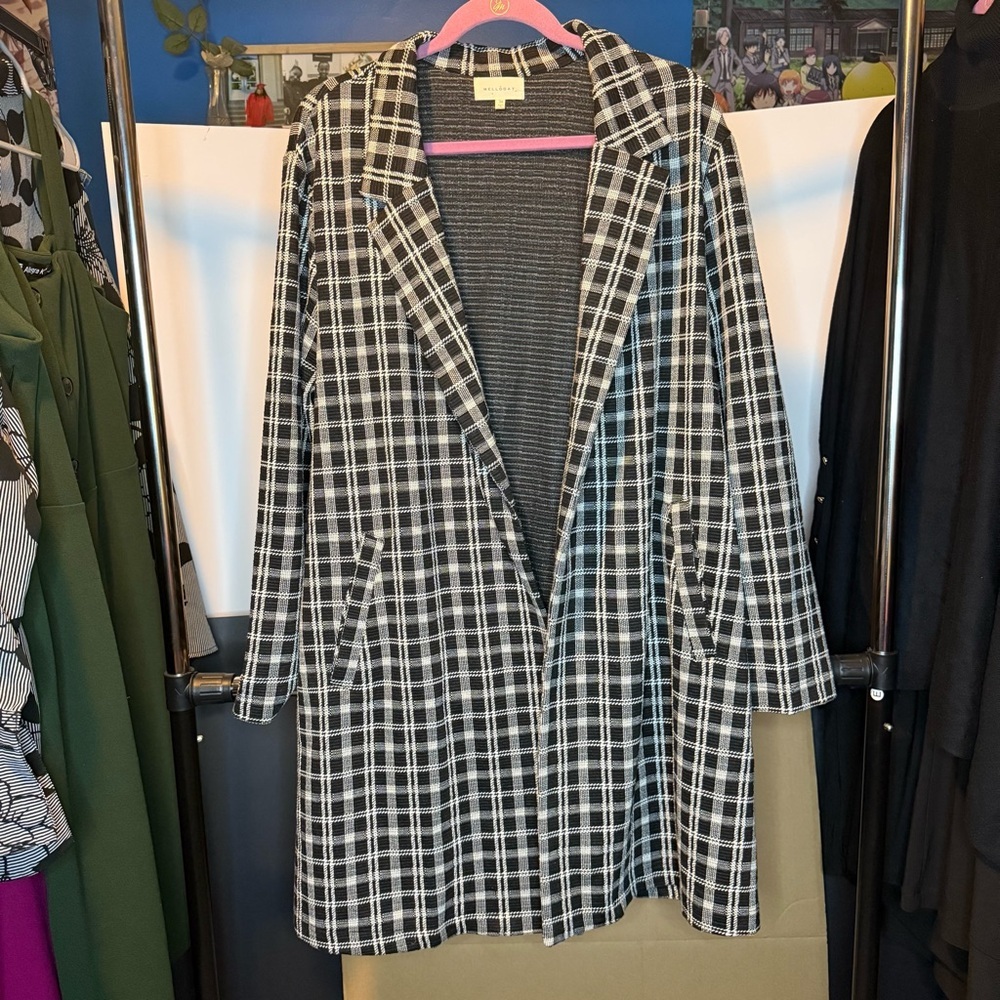 MELLODAY size 3X Open Front Jacket Plaid Black and White